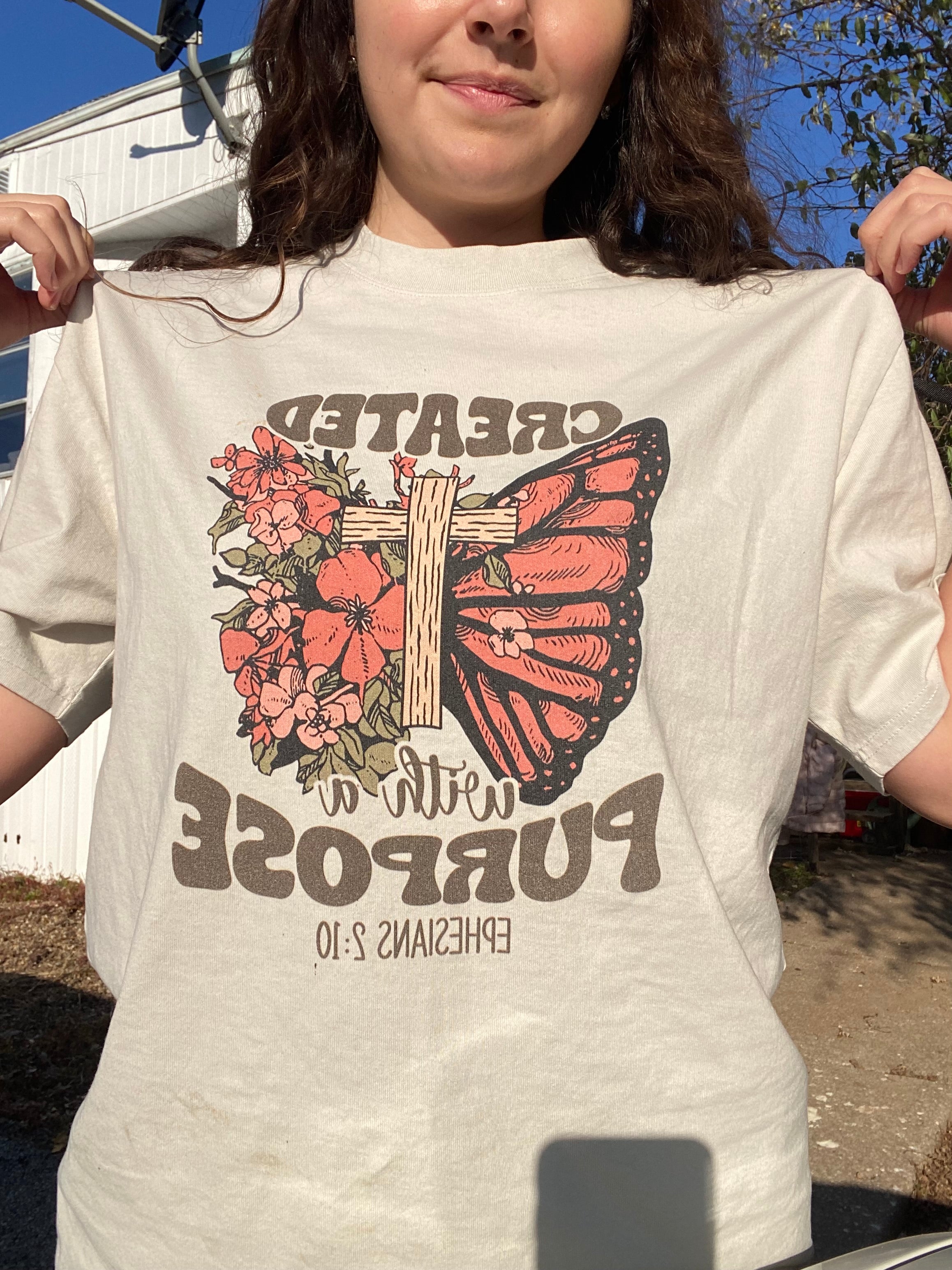 Butterfly cross faith Christian created with purpose bible verse heavy blend Cotten tshirt - Angelic 