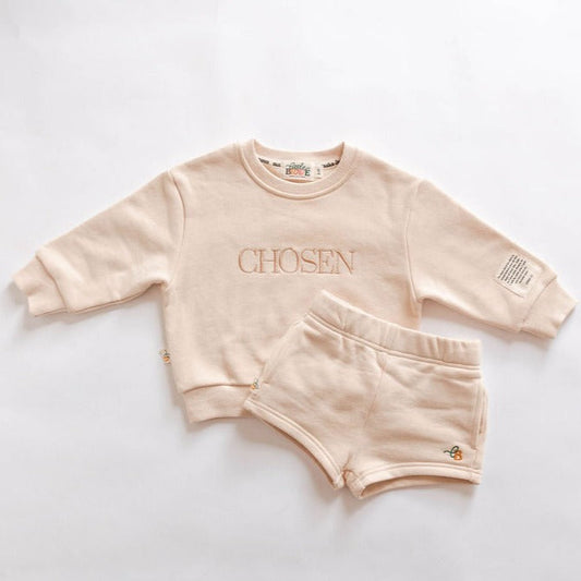 christian Affirmation Words Toddler Crewneck Two Piece Set in Champagne